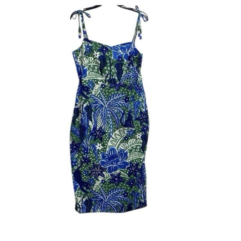 Rachel Zoe Midi Dress Sz L Green Floral Jungle Print Linen Blend Beaded Tassel